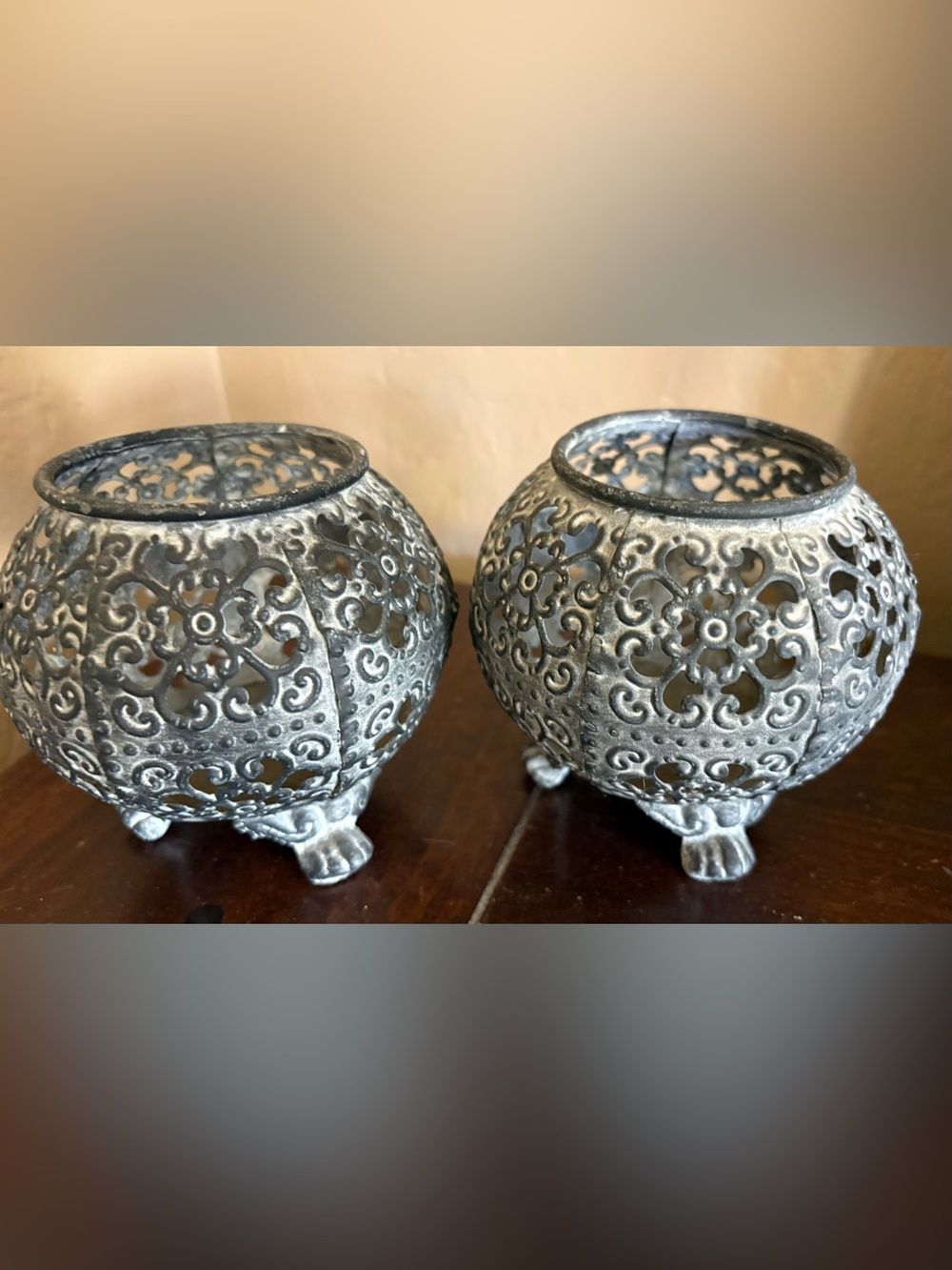 Ornate Metal Filigree Votive Candle Holders - Silver (Set of 2)